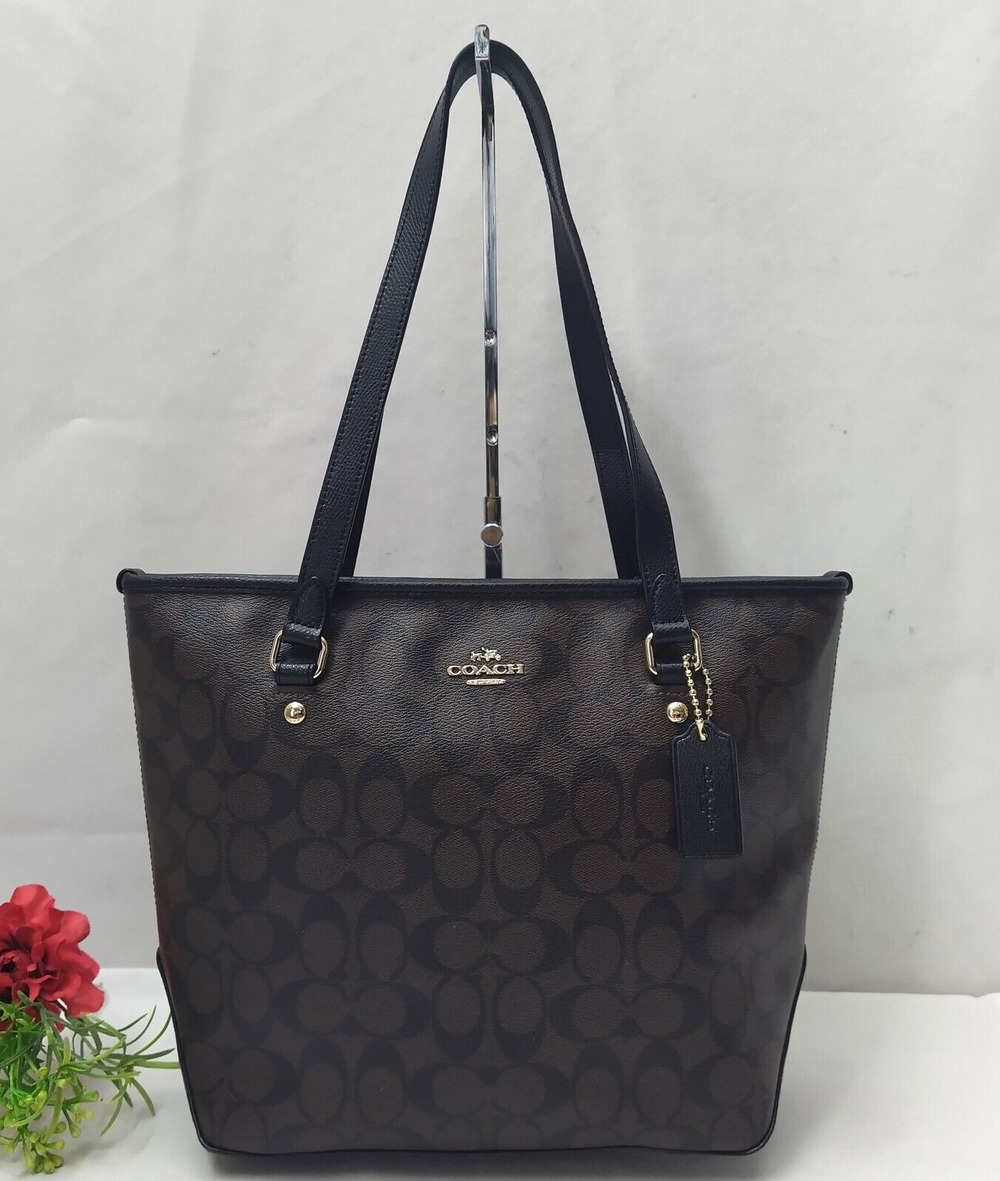 Coach Signature Brown Leather Double Handle Zipper Closure Tote Shoulder Bag